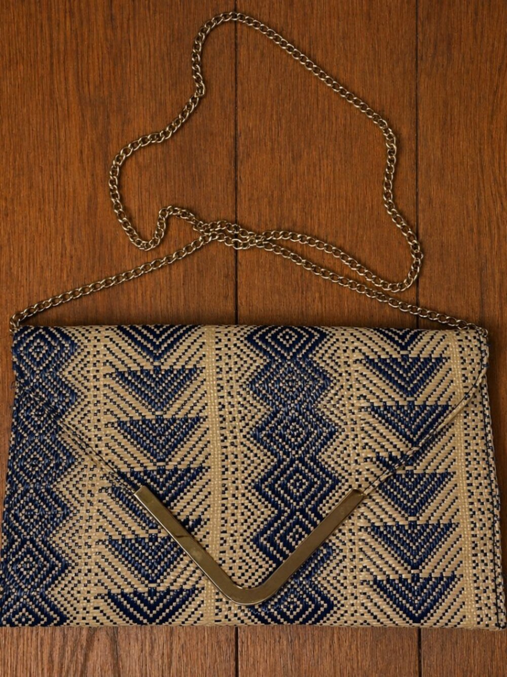 Woven Straw Envelope Clutch with Chain Strap – Blue & Natural